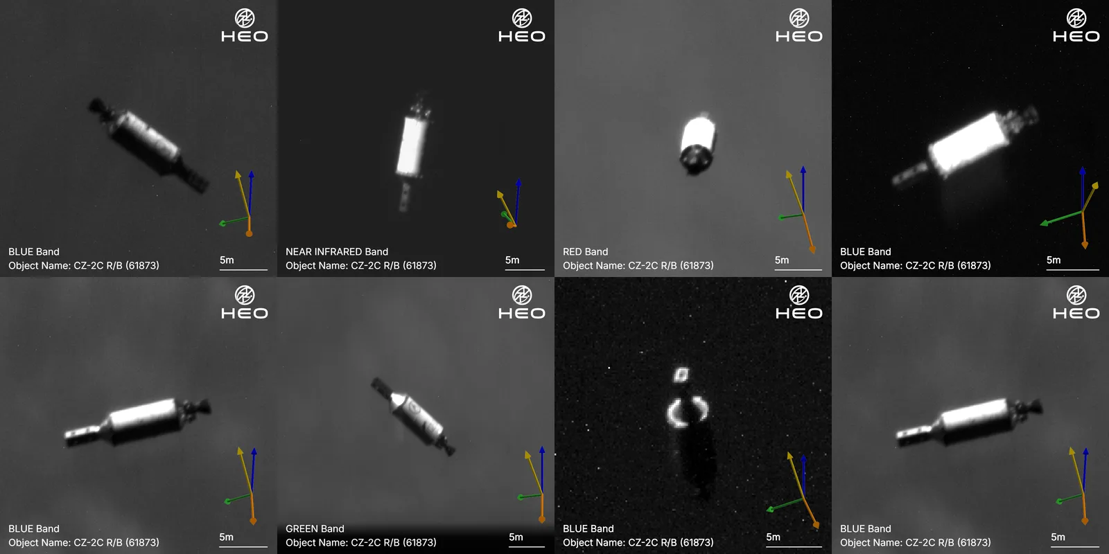 Grid of HEO inspection images of a rocket body in orbit taken in several spectral bands