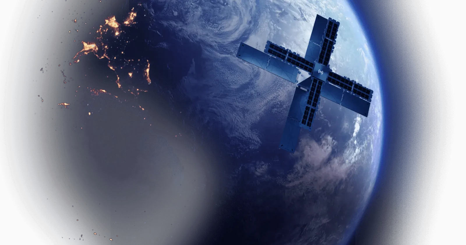 Rendering of a Hubble Network satellite with cross-shaped solar arrays above Earth