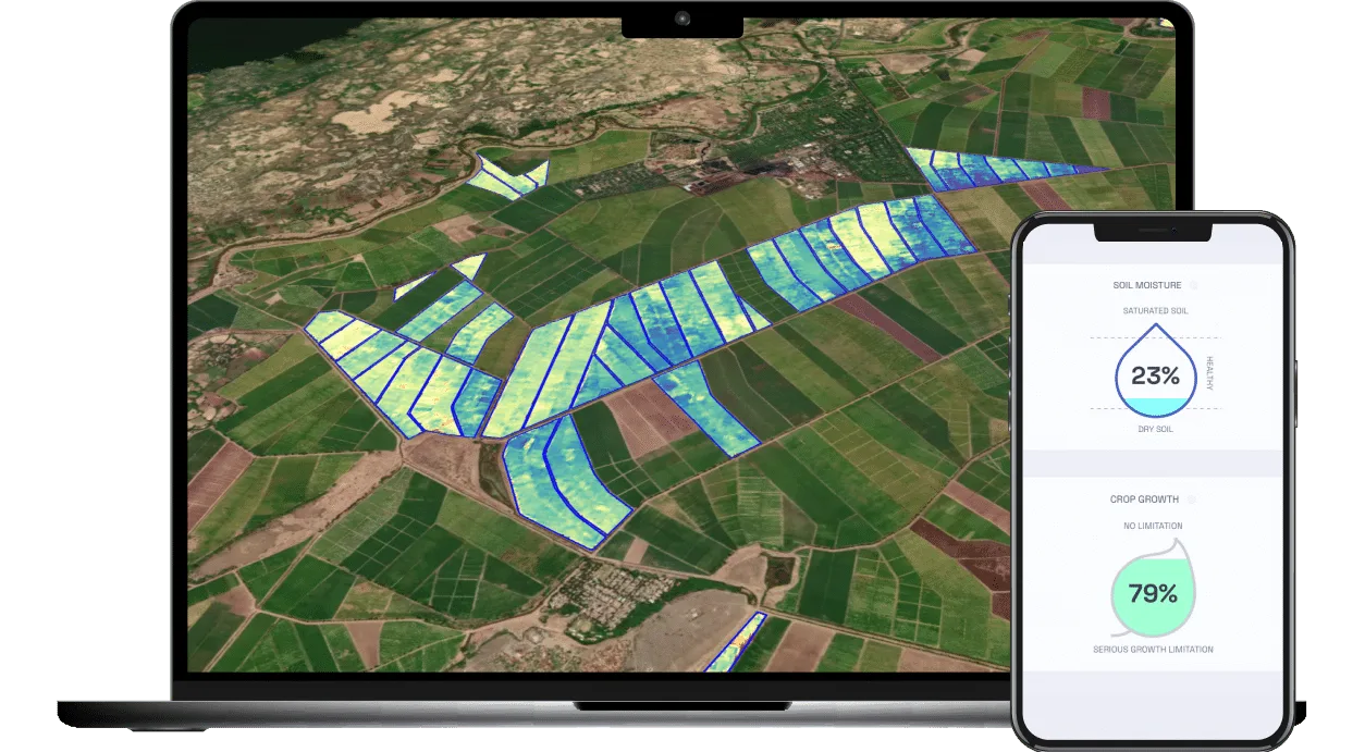 IrriWatch irrigation maps of farm fields shown on a laptop and phone