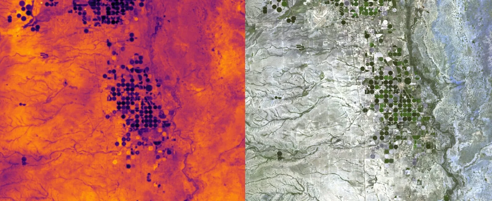 Side-by-side thermal infrared and visible satellite images of irrigated farm fields