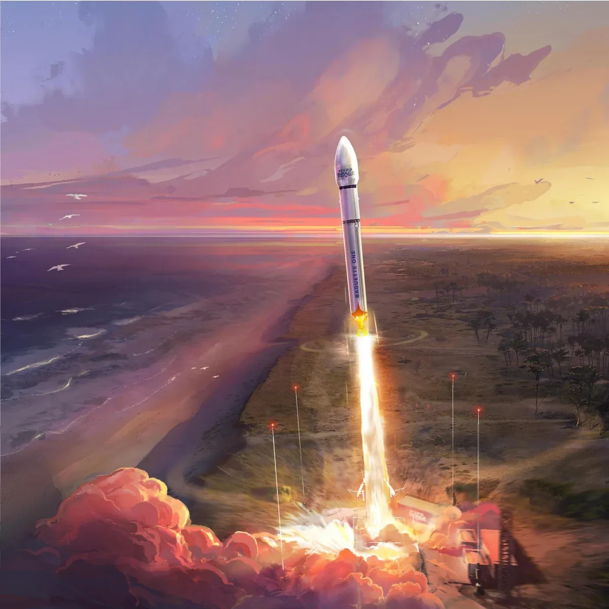 Artist's impression of the Baguette One suborbital rocket lifting off at sunset