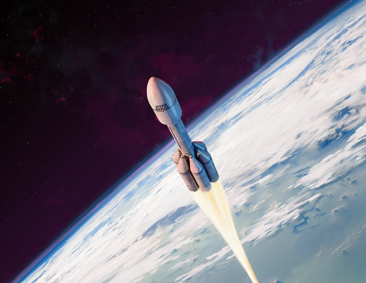 Illustration of the OB-1 orbital launcher flying above Earth