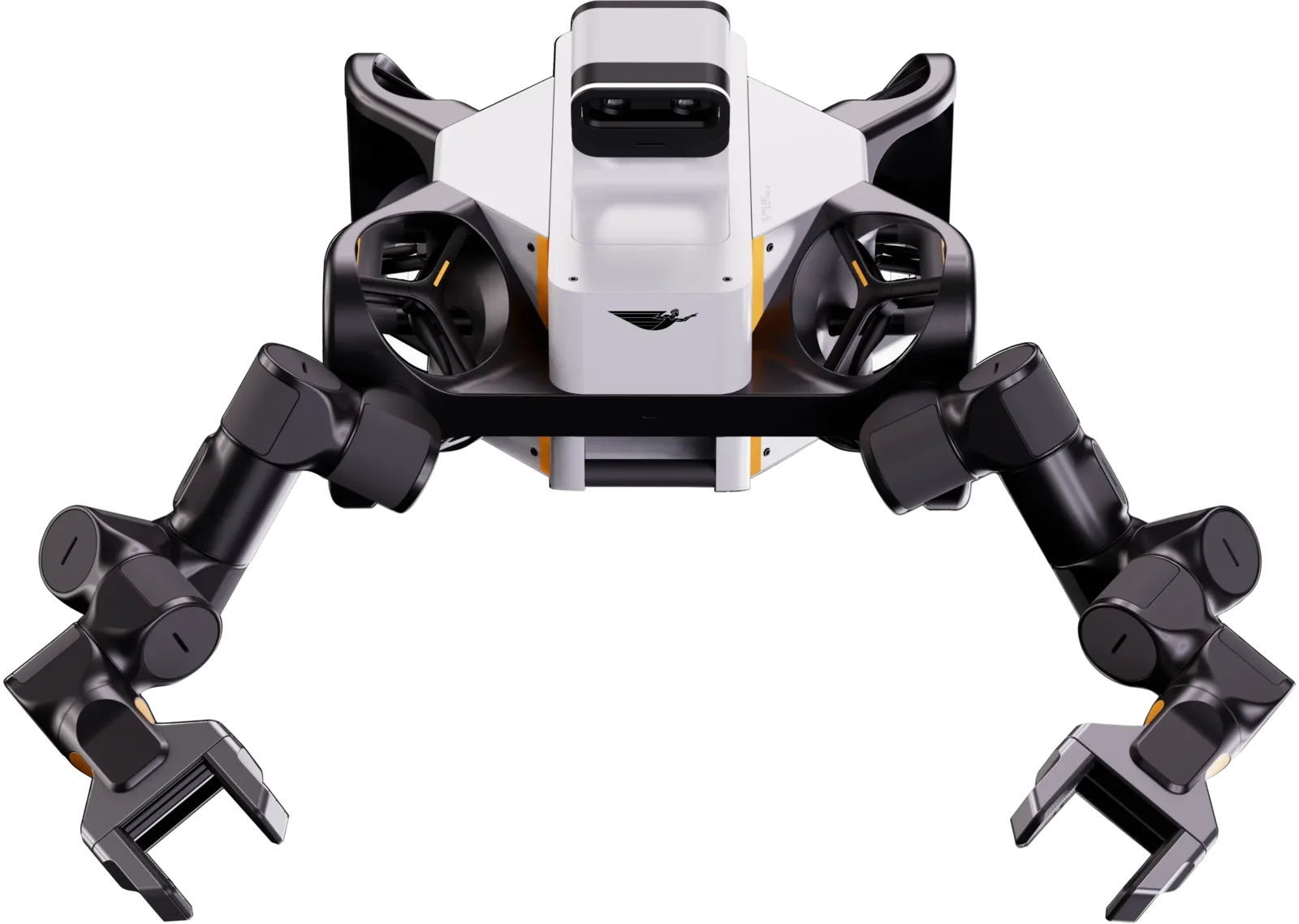 Rendering of Icarus Robotics' Joy free-flying robot with fan thrusters and two jointed arms with grippers