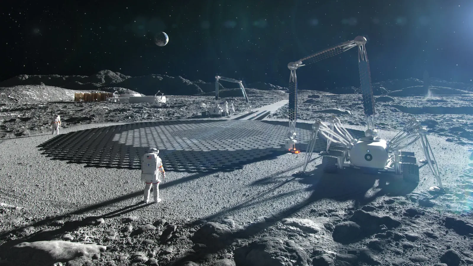 Rendering of ICON's Project Olympus robotic system printing a landing pad on the Moon