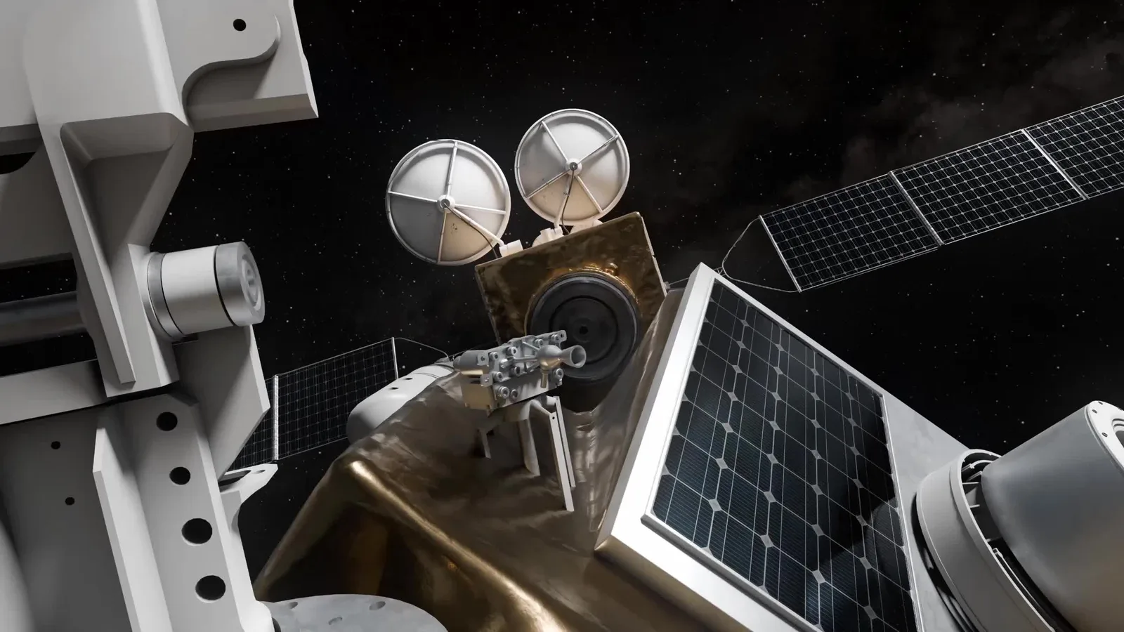 Rendering of the Endurance servicing spacecraft approaching a satellite in orbit