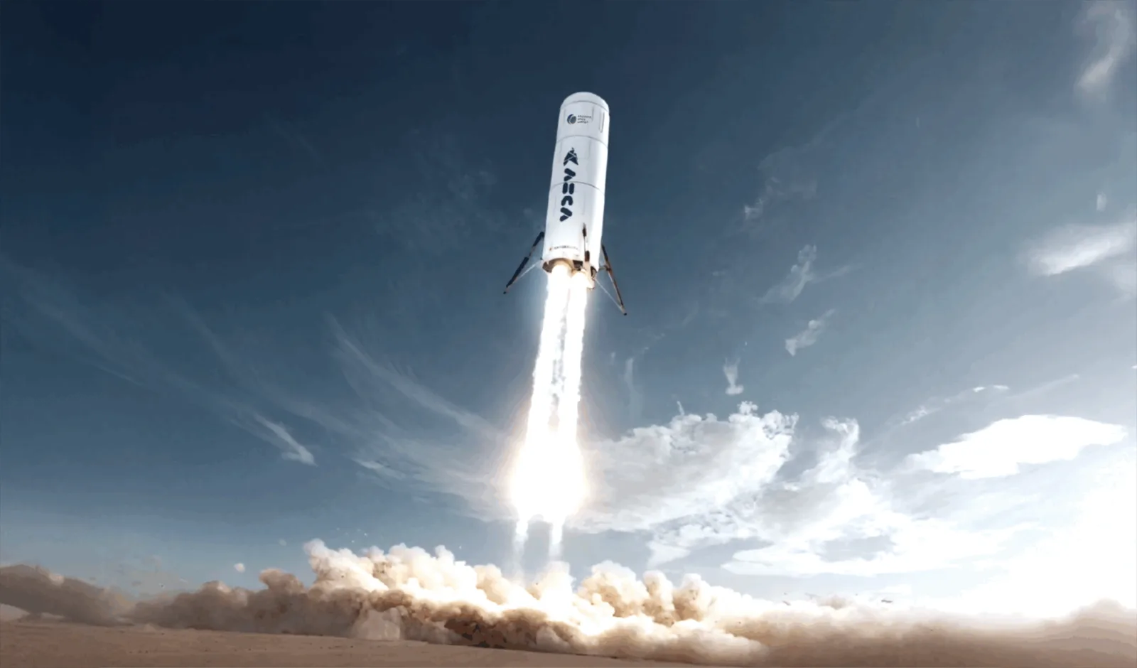 Rendering of ISC's white ASCA 1 test rocket lifting off vertically on its landing legs above a desert pad