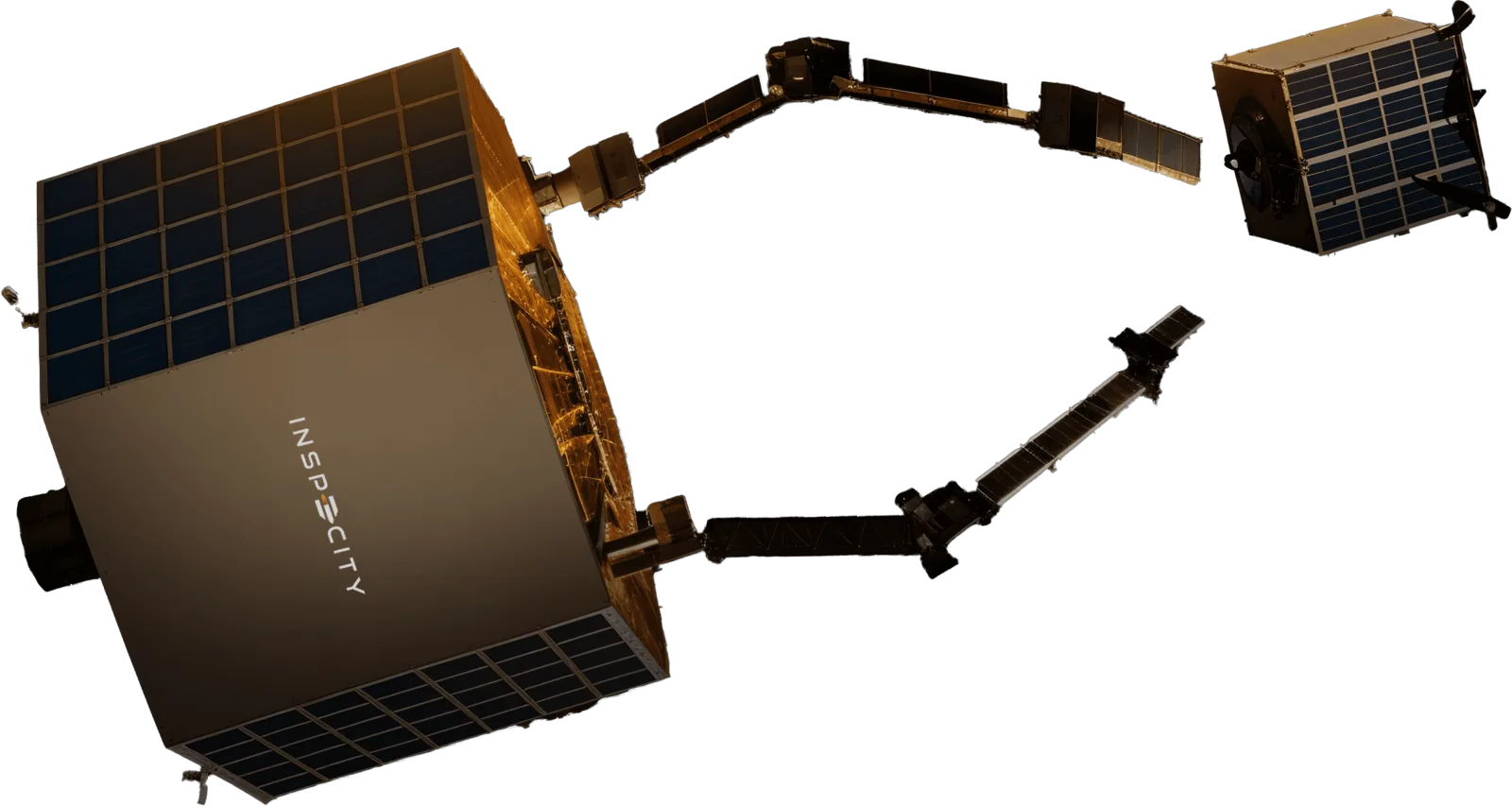 Rendering of an InspeCity servicing spacecraft using robotic arms to reach a satellite