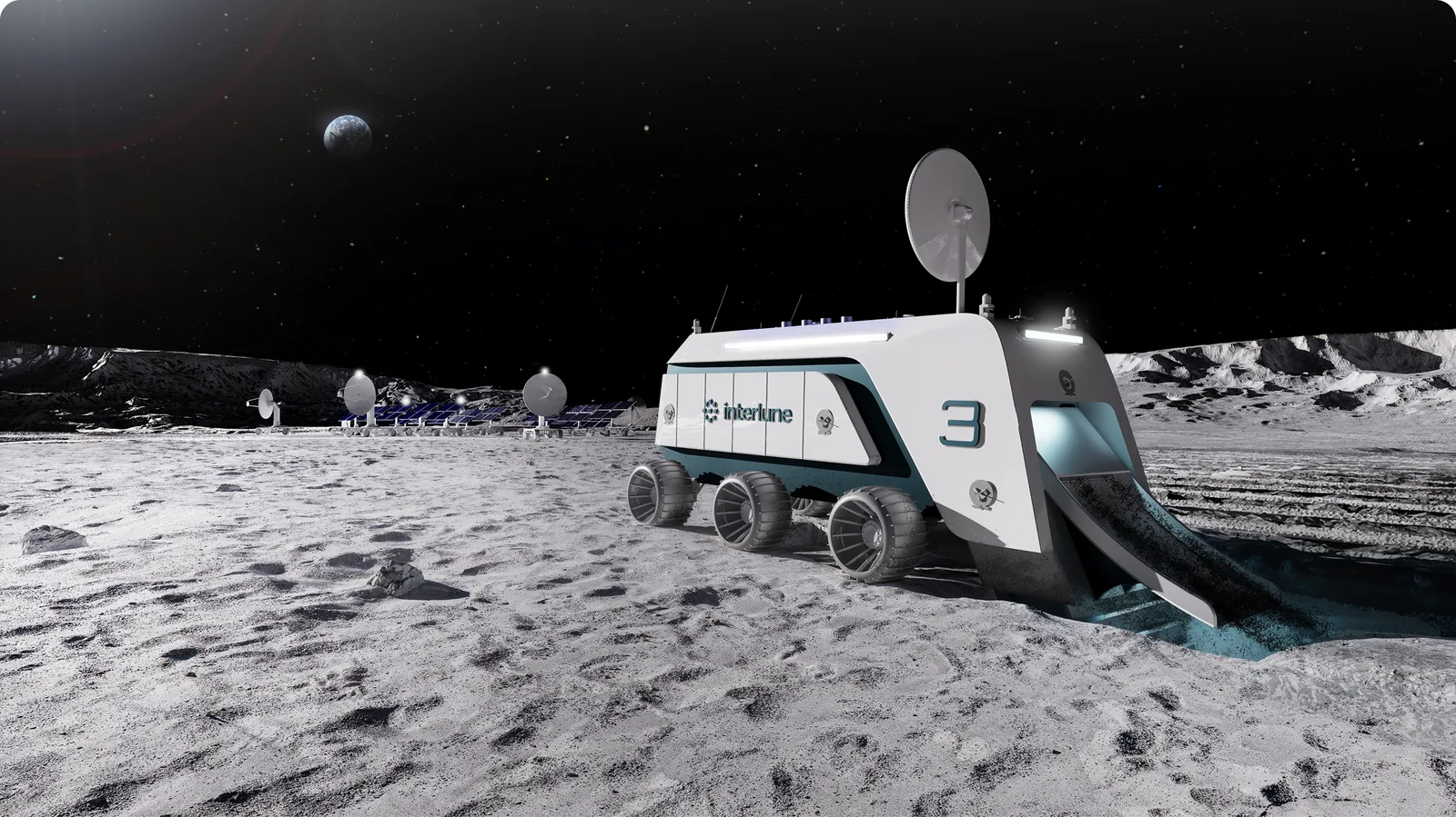 Rendering of an Interlune helium-3 harvester driving across the lunar surface