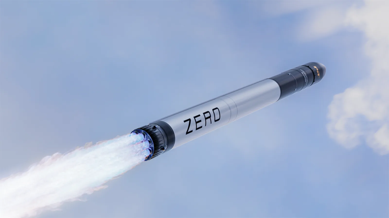 Rendering of the ZERO orbital rocket in flight against a blue sky