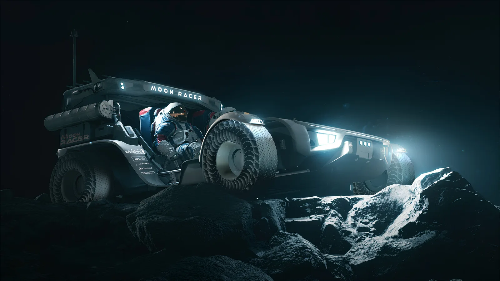 Artist concept of Intuitive Machines' Moon RACER lunar terrain vehicle driving over lunar rocks with a suited astronaut at the controls