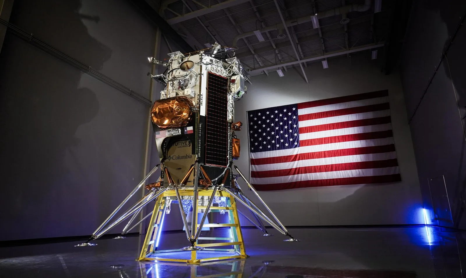 Intuitive Machines' Nova-C lunar lander standing in a hangar before the IM-1 mission