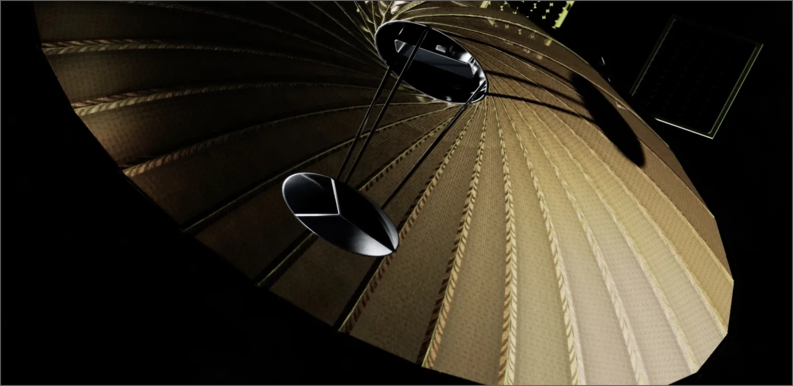Close-up rendering of a QPS-SAR satellite's large gold mesh deployable radar antenna and feed in orbit