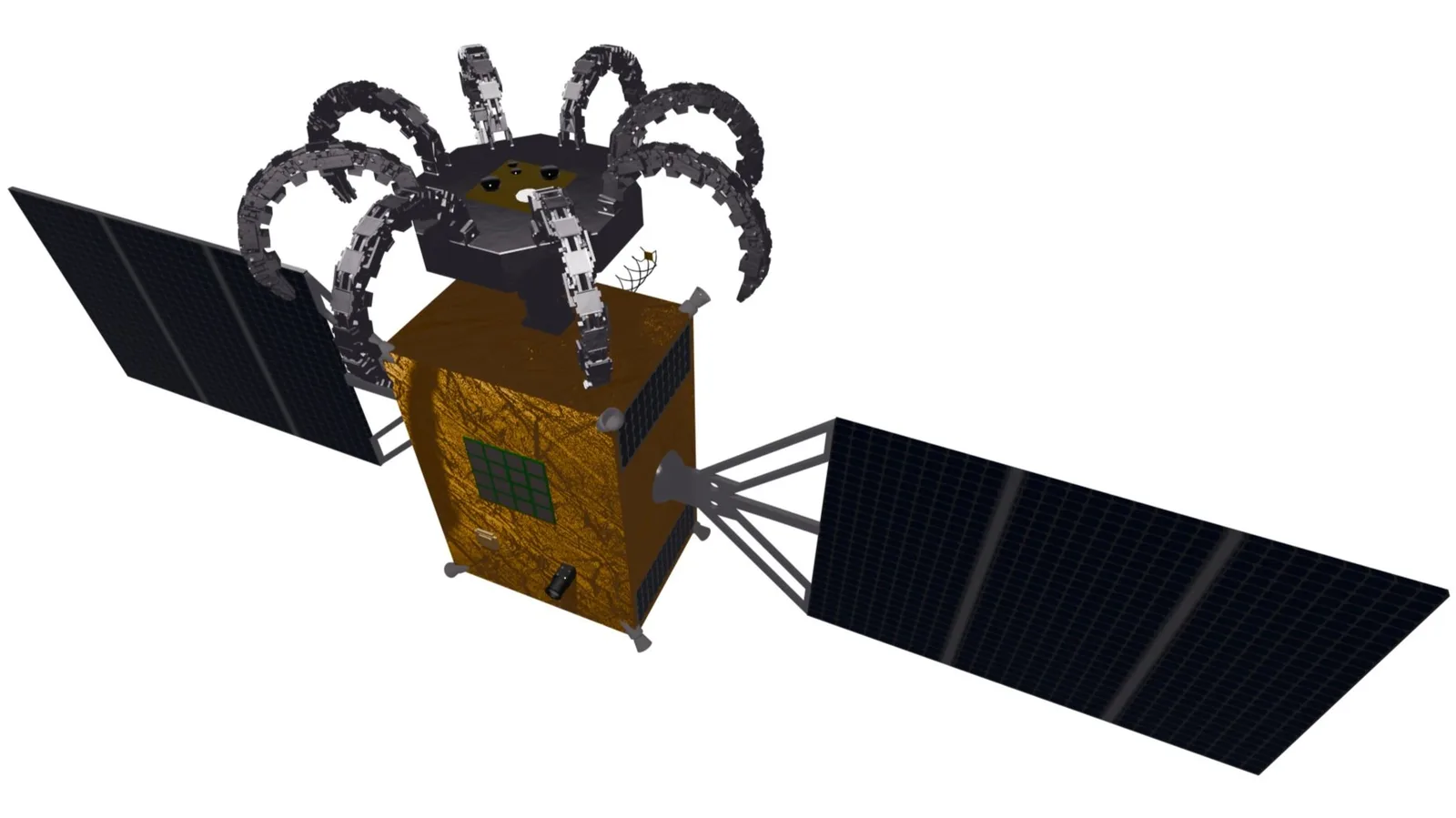 Render of KMI's Laelaps spacecraft with solar arrays and REACCH capture arms on top