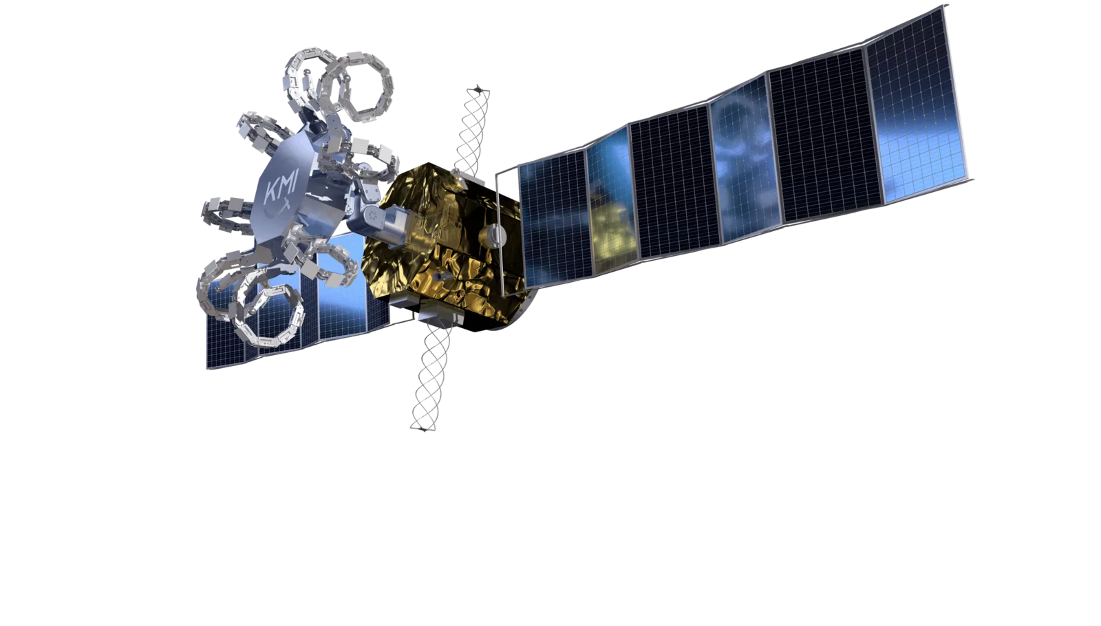 Render of KMI's REACCH capture arms curled at the front of a Laelaps spacecraft