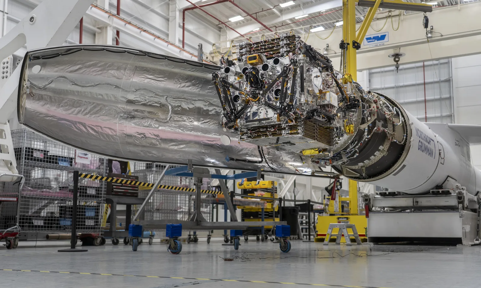 Katalyst's LINK servicing spacecraft attached to the front of a Pegasus XL rocket before encapsulation at Wallops
