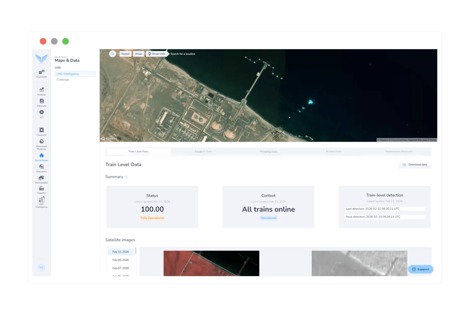 Screenshot of Kayrros LNG platform showing satellite imagery of an LNG terminal and train-level status data