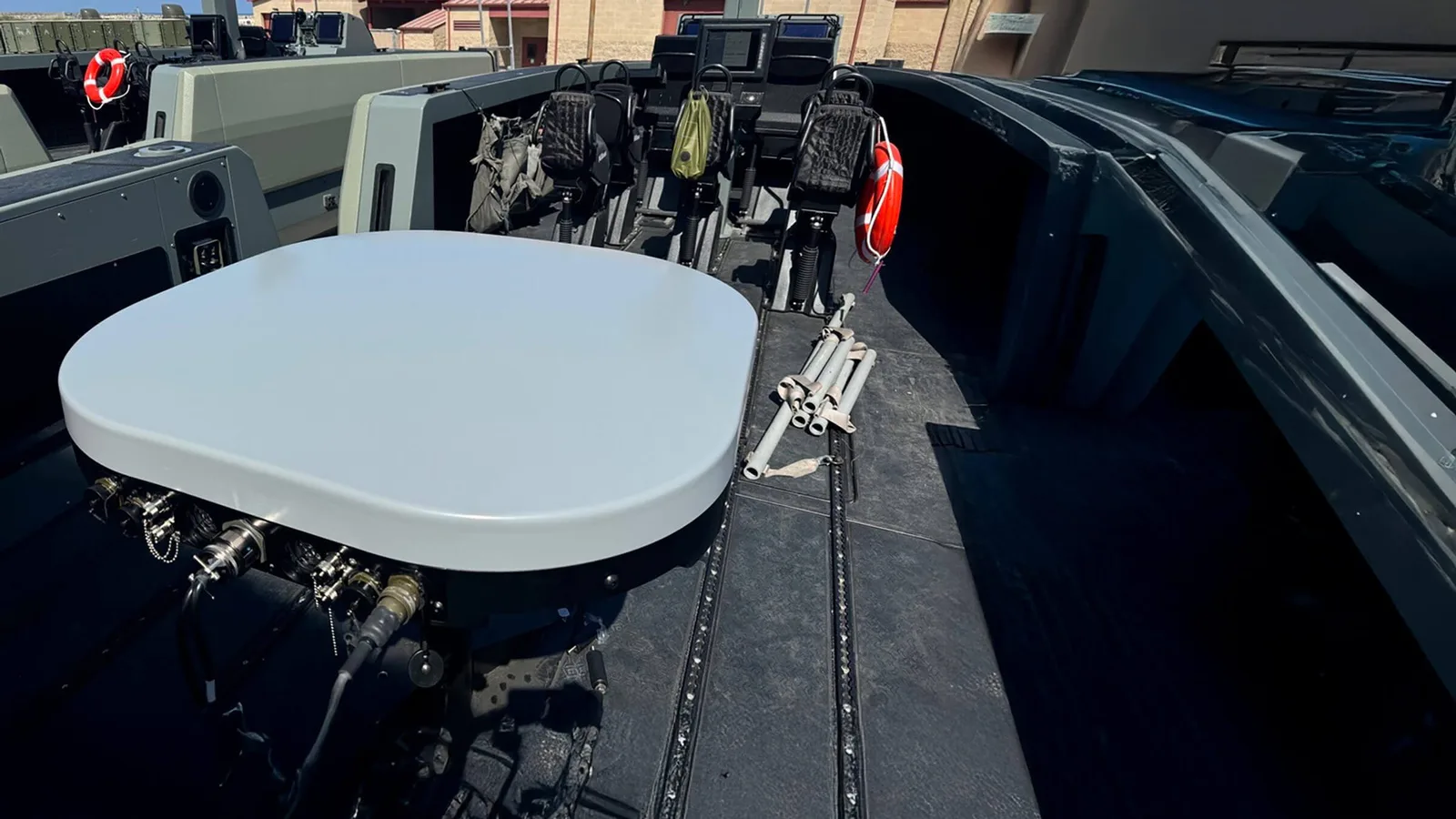 Kymeta Osprey u8 flat-panel satellite terminal mounted on the back of a military vehicle