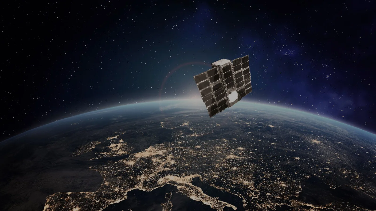Render of a Lacuna Space satellite orbiting above Europe at night