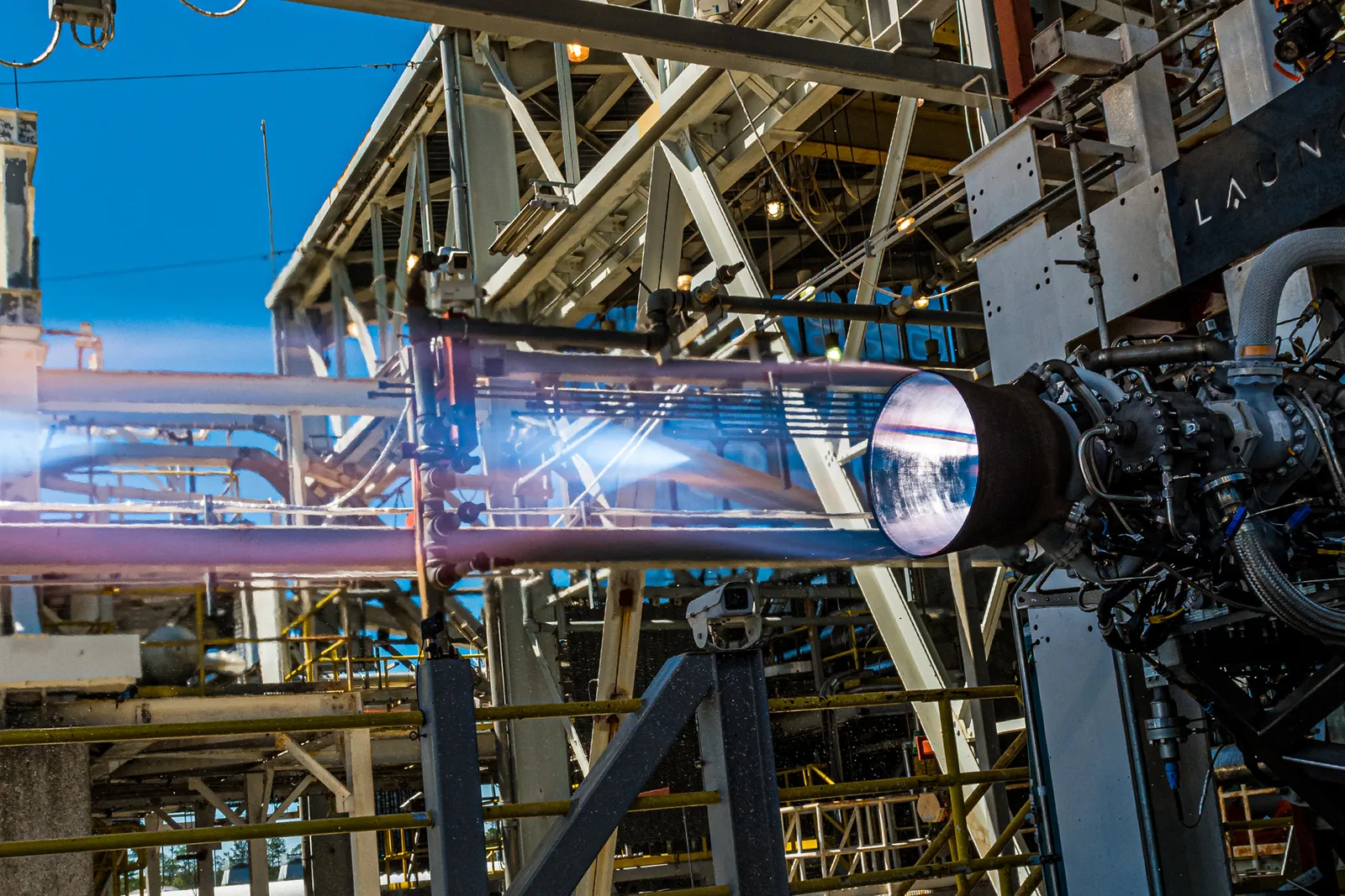 Launcher E-2 rocket engine during a hot-fire test on a test stand