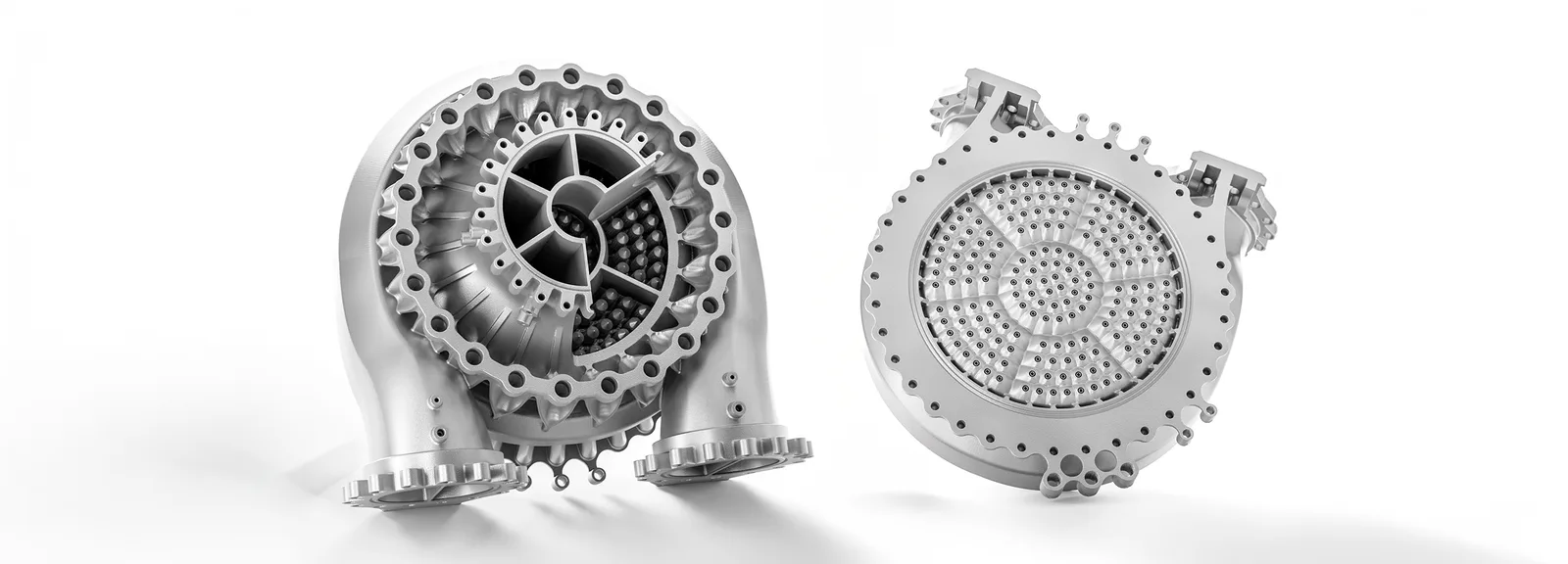 3D-printed rocket engine components with dense injector and cooling channels generated by LEAP 71's Noyron software