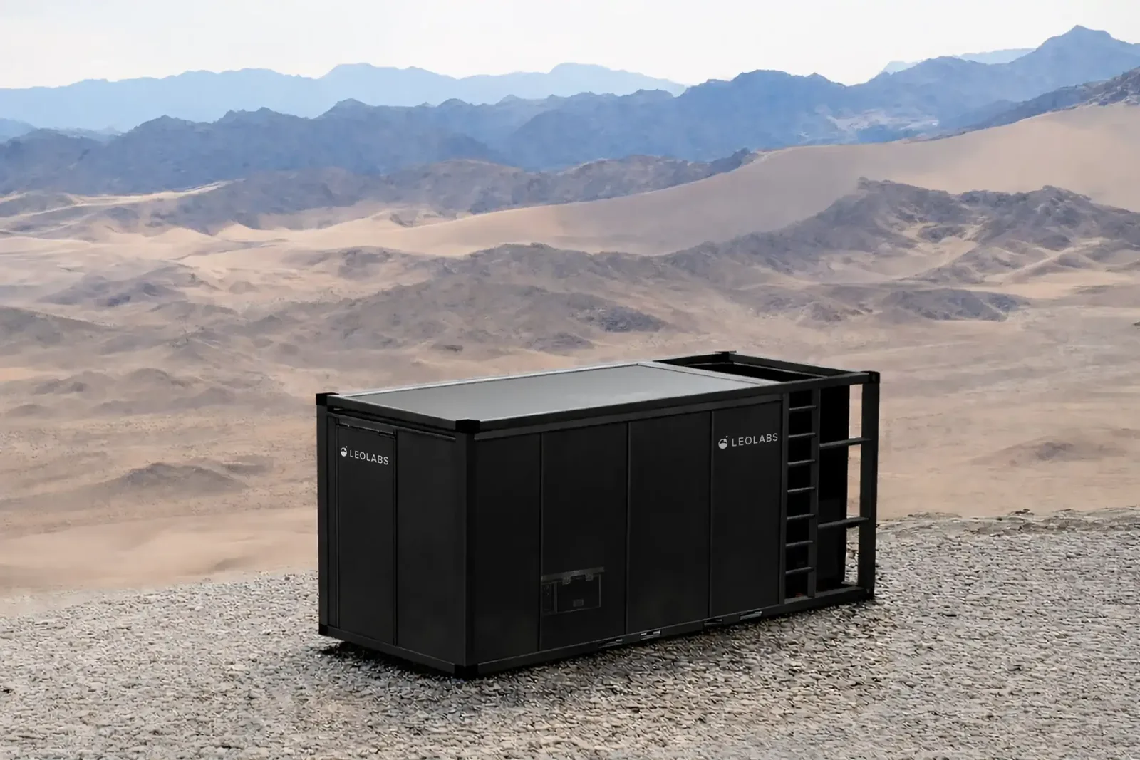 Rendering of the LeoLabs Scout containerized radar unit on a desert ridge