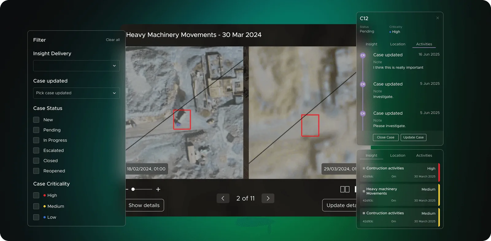 SurfaceScout screen comparing before and after satellite images of heavy machinery near a pipeline, with case filters and a risk list
