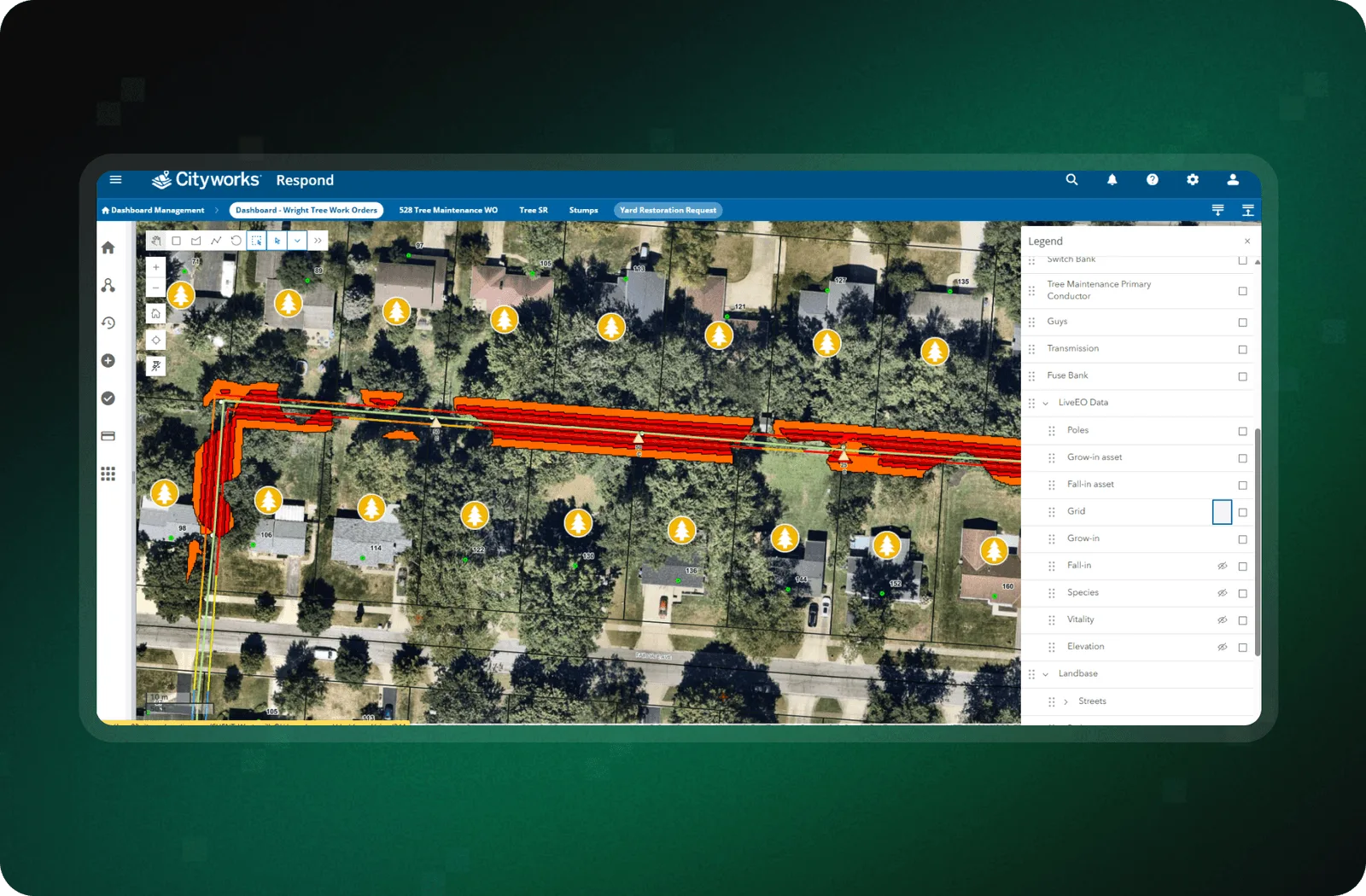 Treeline vegetation risk layer over aerial imagery of a residential street, with power-line grow-in and fall-in zones shown in orange
