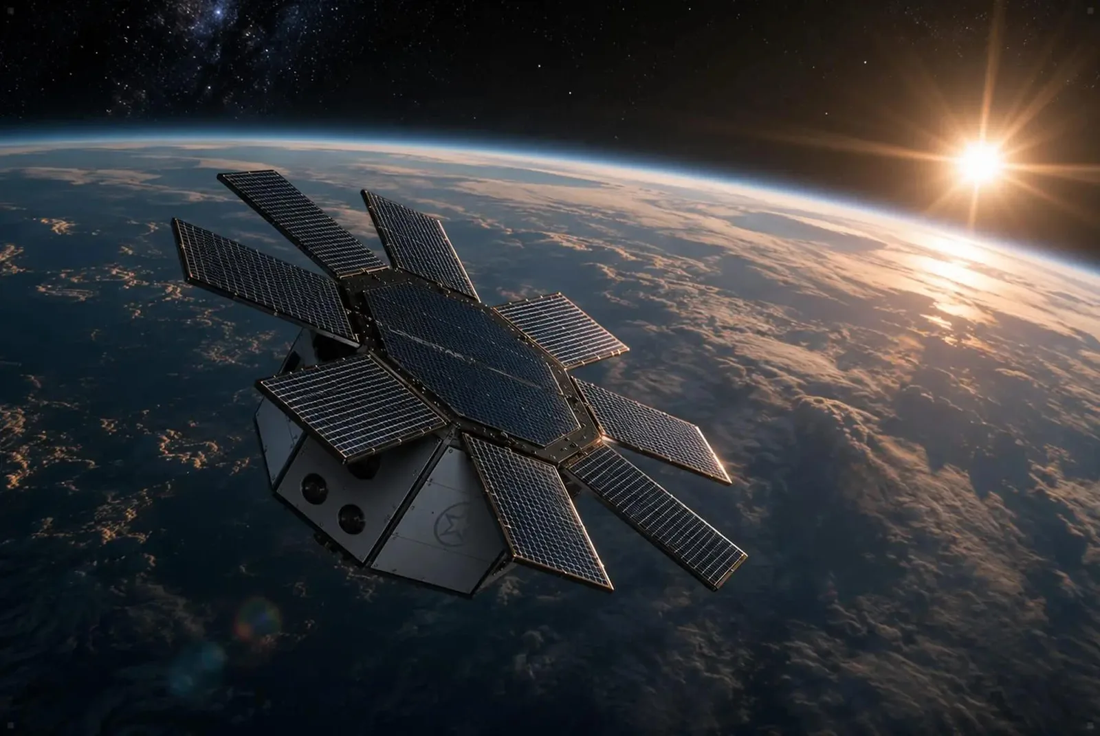 Render of a Lonestar StarVault data storage satellite with eight solar panels orbiting above Earth