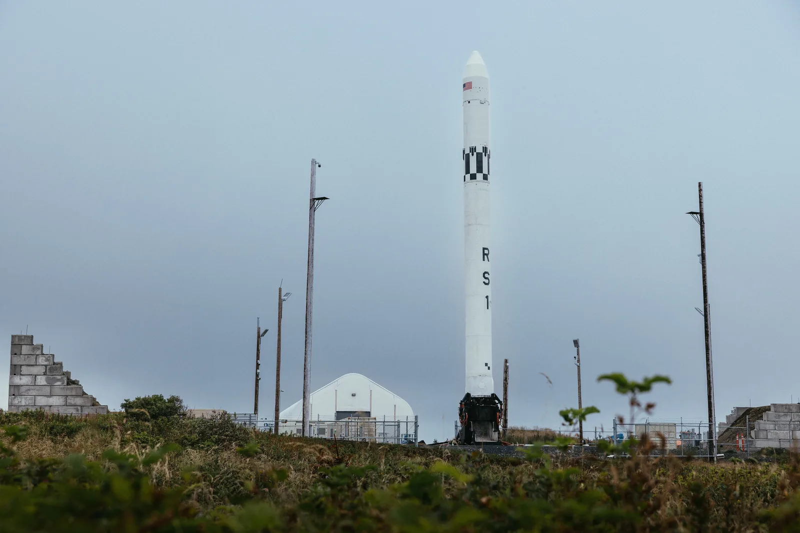 ABL RS1 rocket standing vertical on its launch pad at Pacific Spaceport Complex Alaska