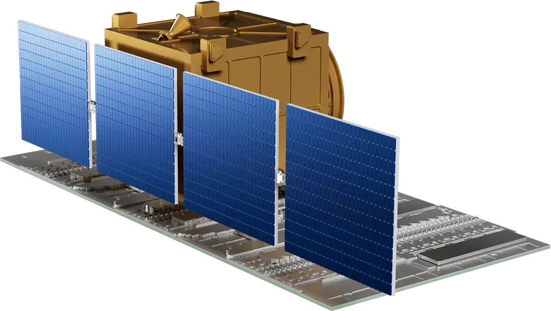Render of the LumirX radar imaging satellite with its gold body and four deployed solar panels