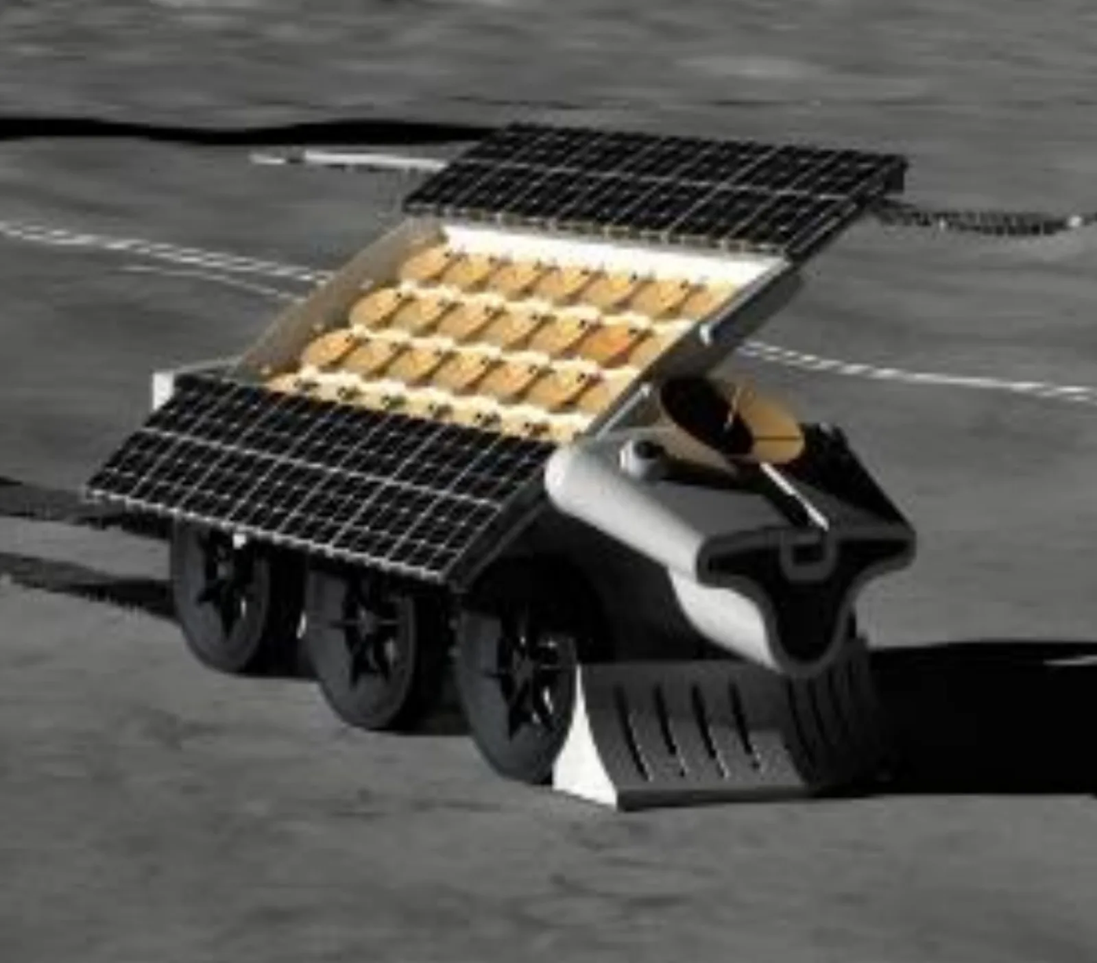 Concept render of a FarView rover on the lunar surface, carrying solar panels and laying out radio antenna lines behind it