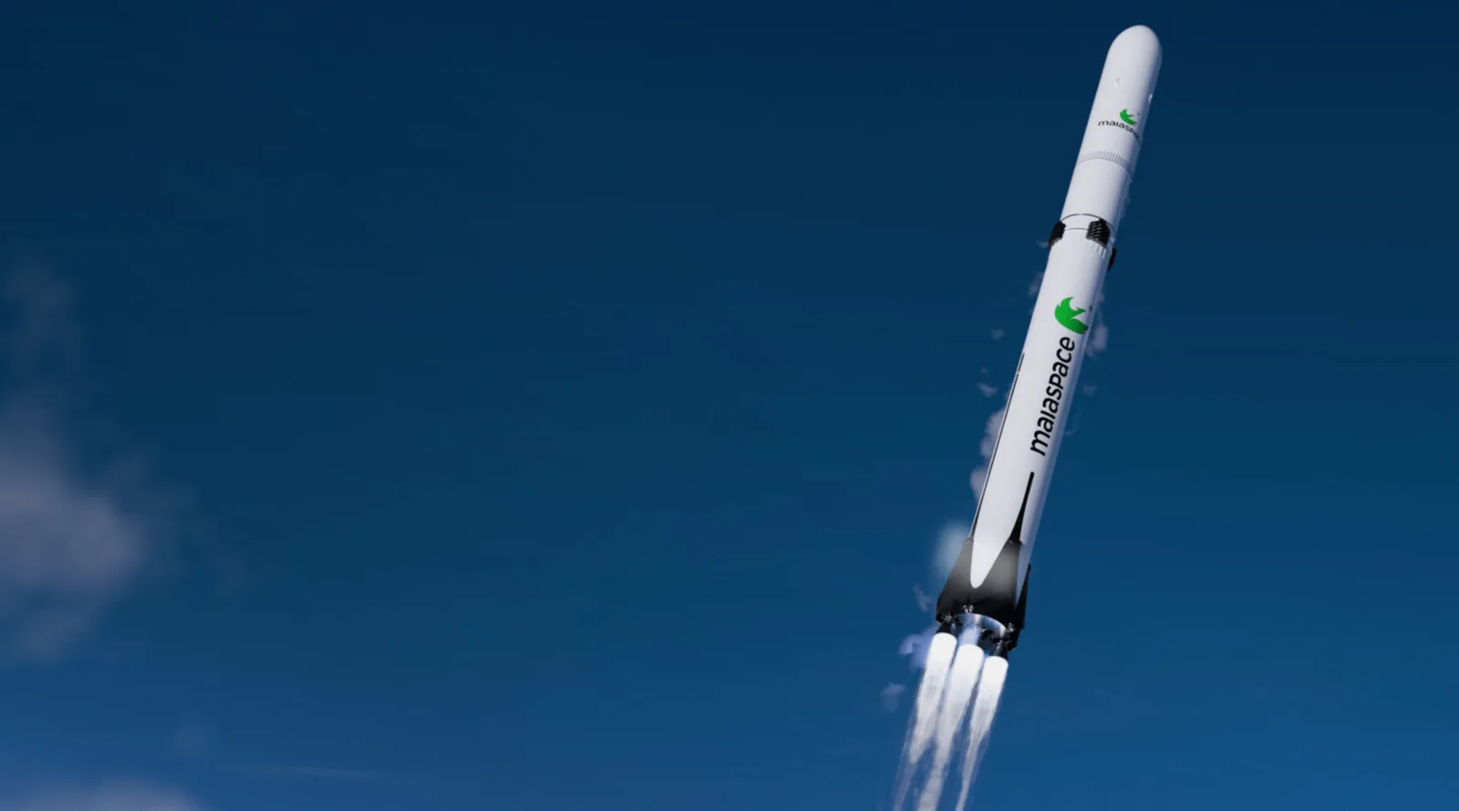 Render of the MaiaSpace Maia rocket climbing into a blue sky on its engine exhaust