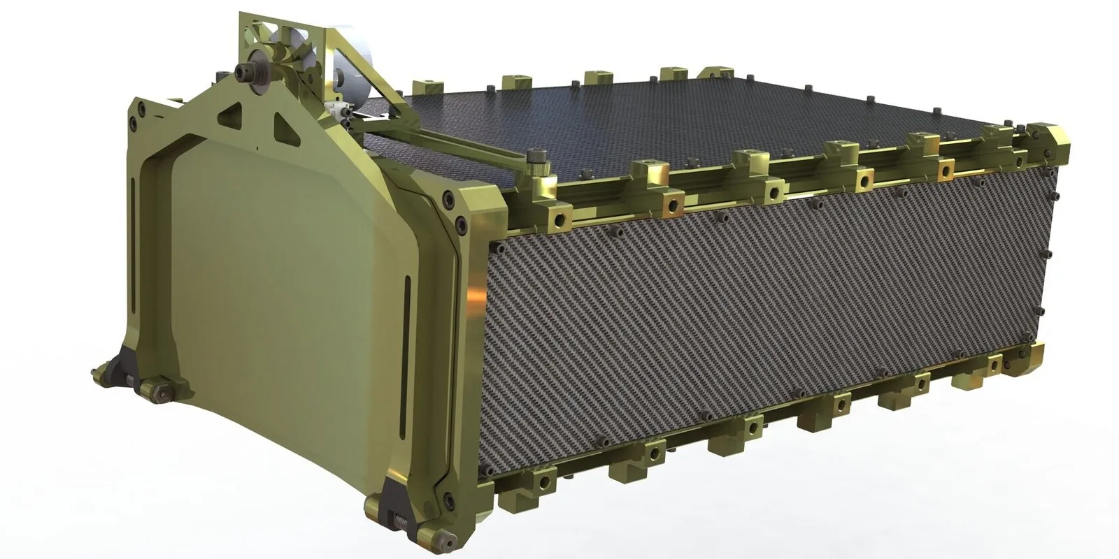 Render of a Maverick Mercury-6 CubeSat dispenser, a green aluminum box with a dark panel door