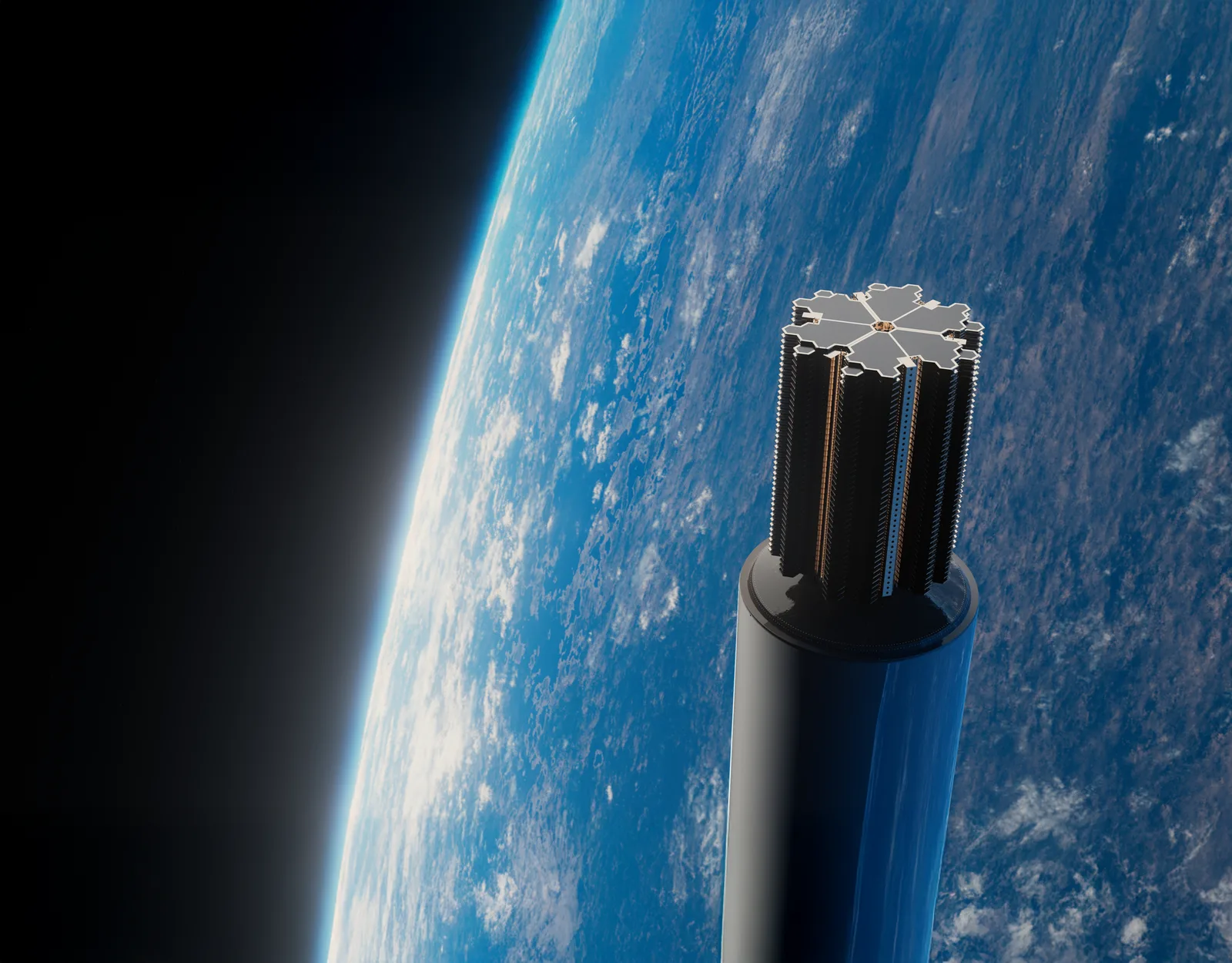 Render of a stack of Meridian microsatellites emerging from a launch vehicle upper stage above Earth