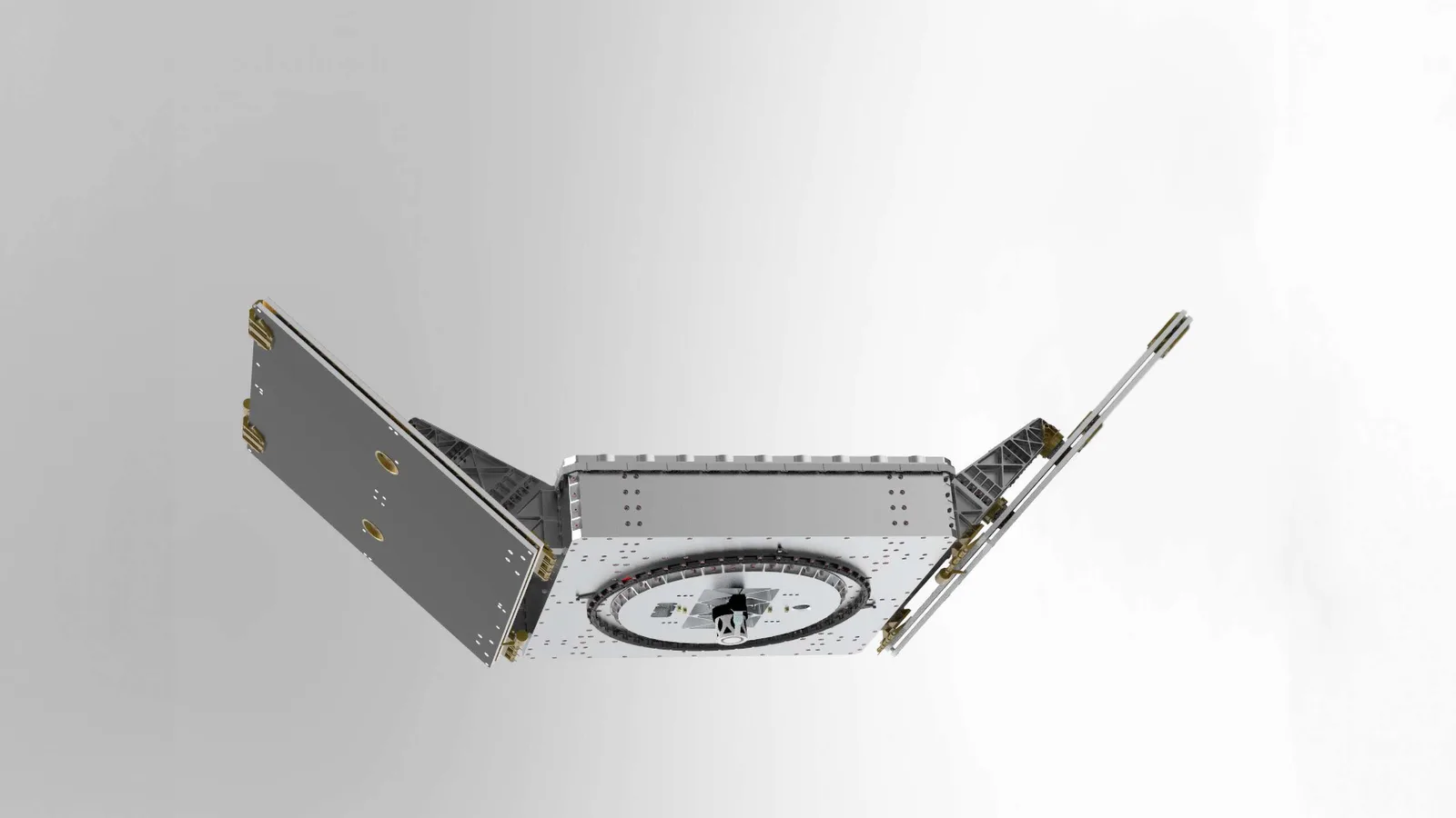 Rendering of the NanoAvionics MP42D small satellite bus with solar panels deployed