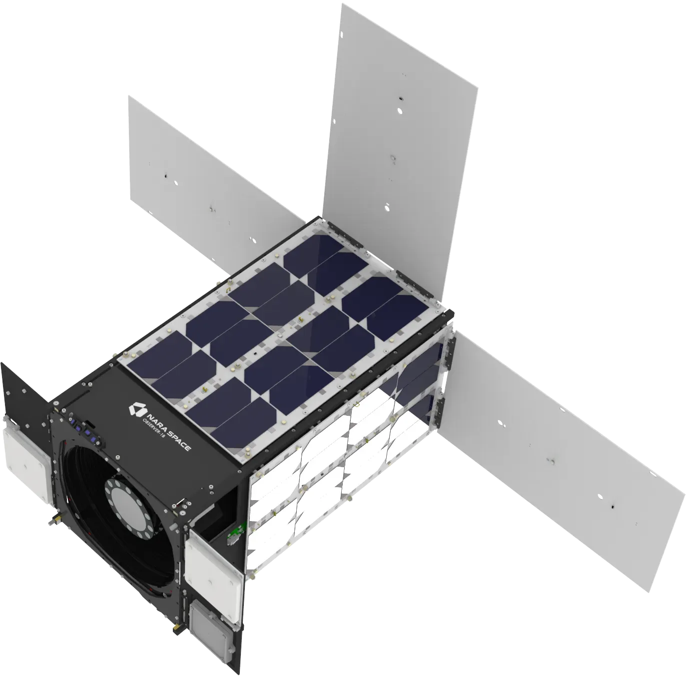 Rendering of a Nara Space Observer 16U cubesat with solar panels deployed