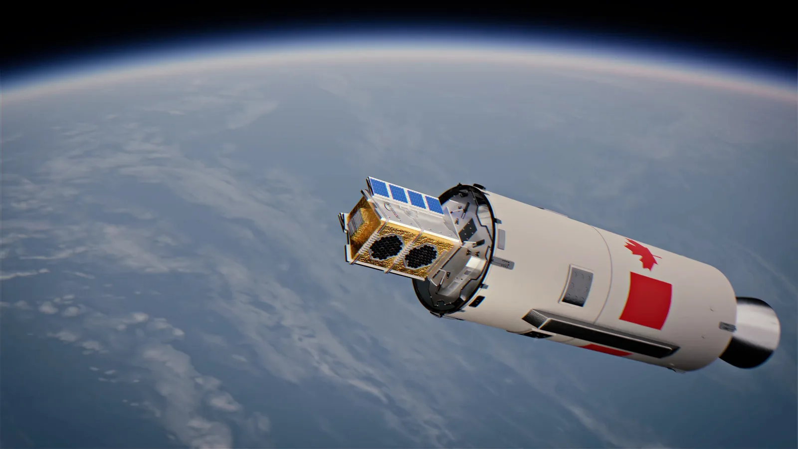 Rendering of the NordSpace Tundra upper stage, marked with a Canadian flag, releasing a satellite above Earth