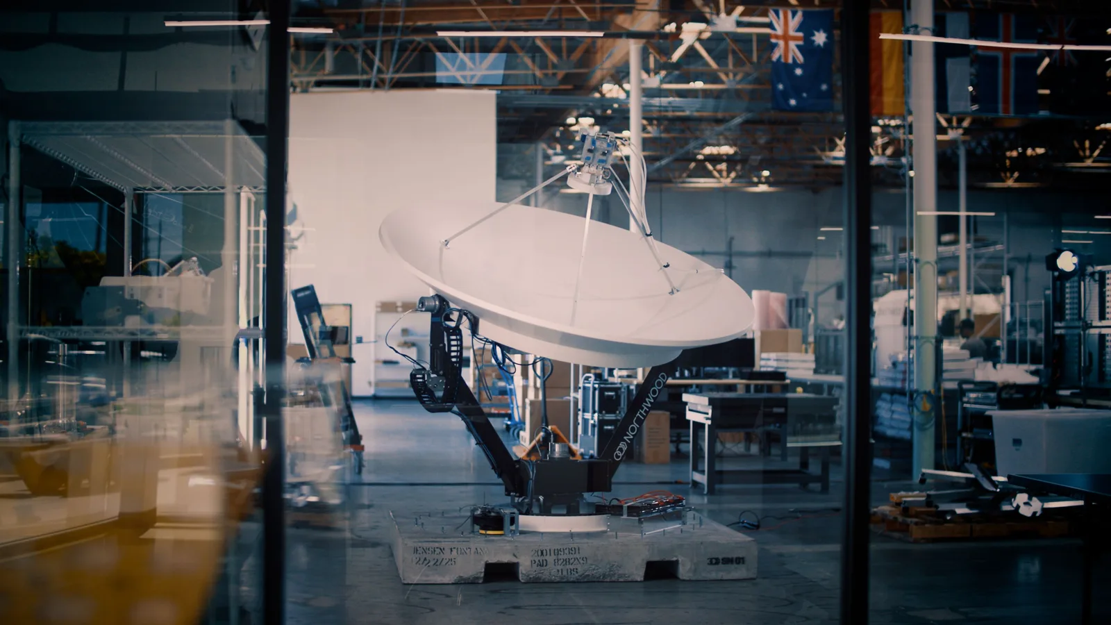 Northwood Prism dish antenna on its mount inside the company's factory