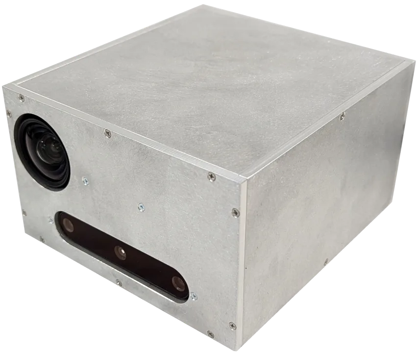 Prototype Obruta RPOD Kit, a metal sensor enclosure with camera and depth-sensor openings