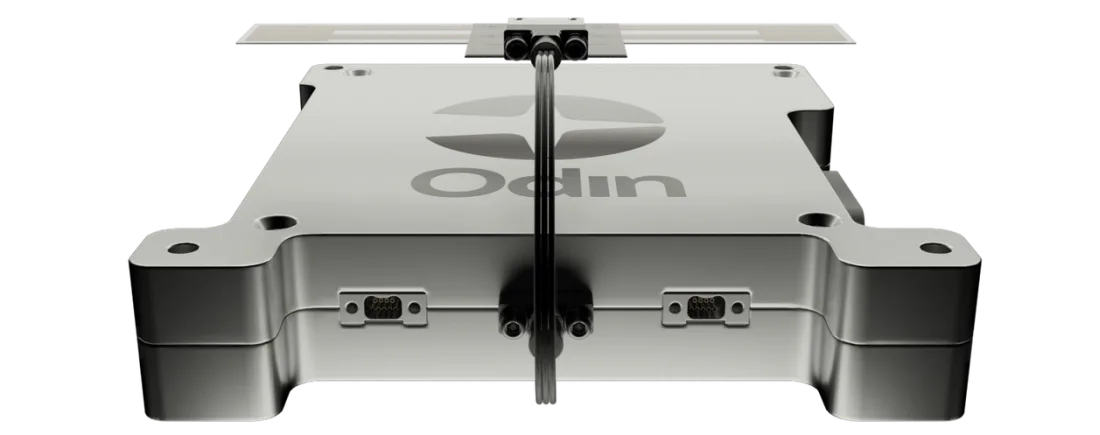 Rendering of the Odin Black Box, a metal sensor unit with connector ports that records debris impacts