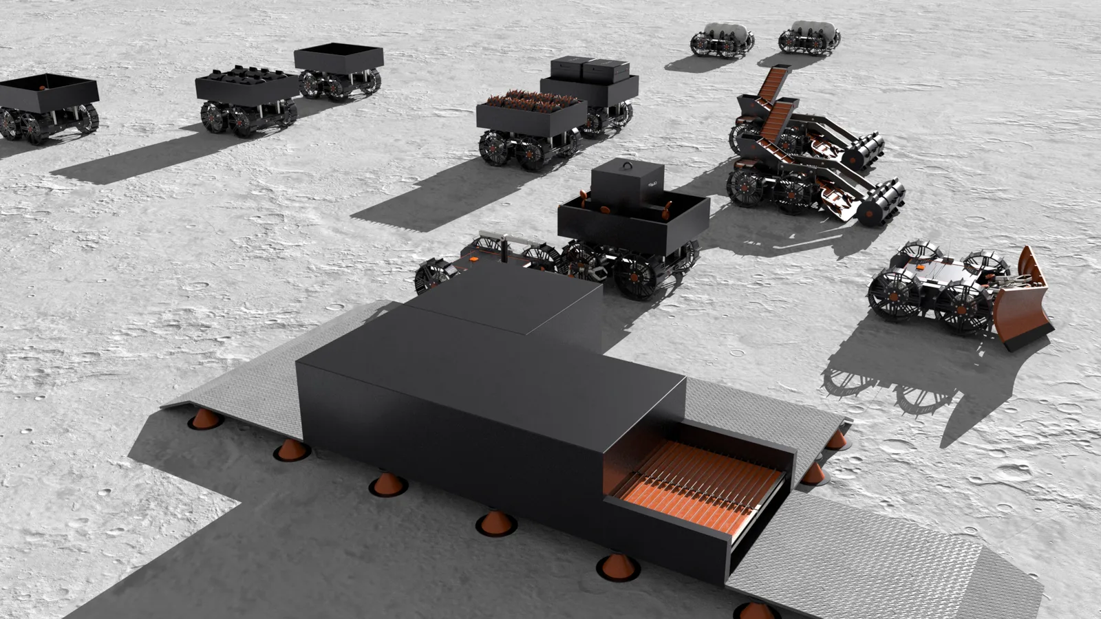 Rendering of a swarm of OffWorld mining robots working around a processing unit on the lunar surface
