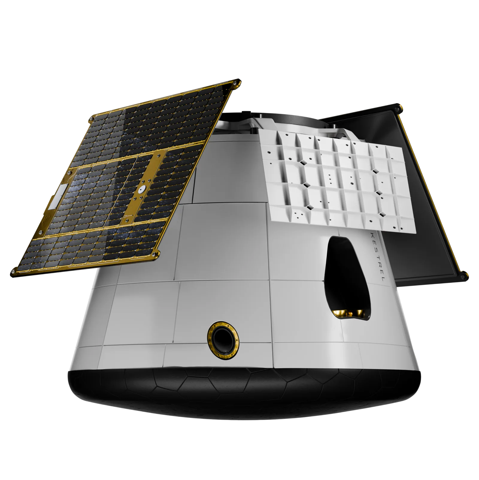 Rendering of the Kestrel reentry capsule, a white conical spacecraft with a dark heat shield and deployed solar panels