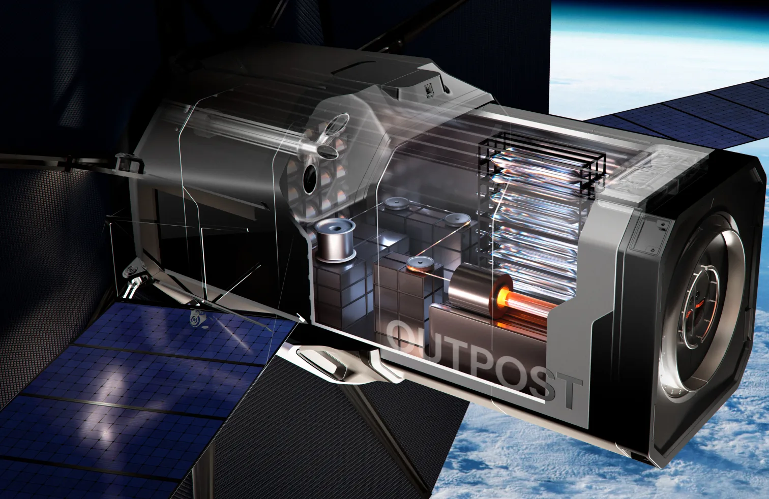 Cutaway render of an Outpost space factory module with manufacturing equipment in orbit