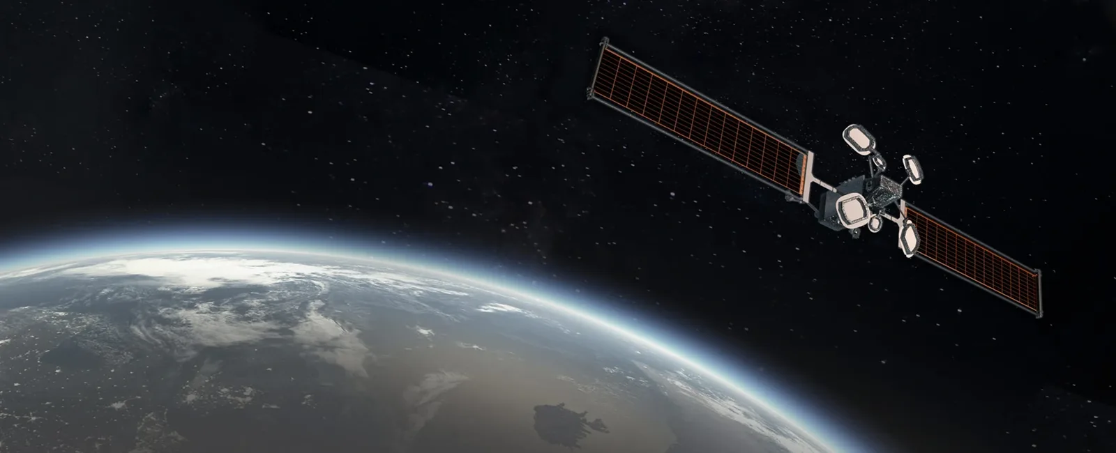 Render of the Ovzon 3 satellite with its steerable antennas in orbit above Earth