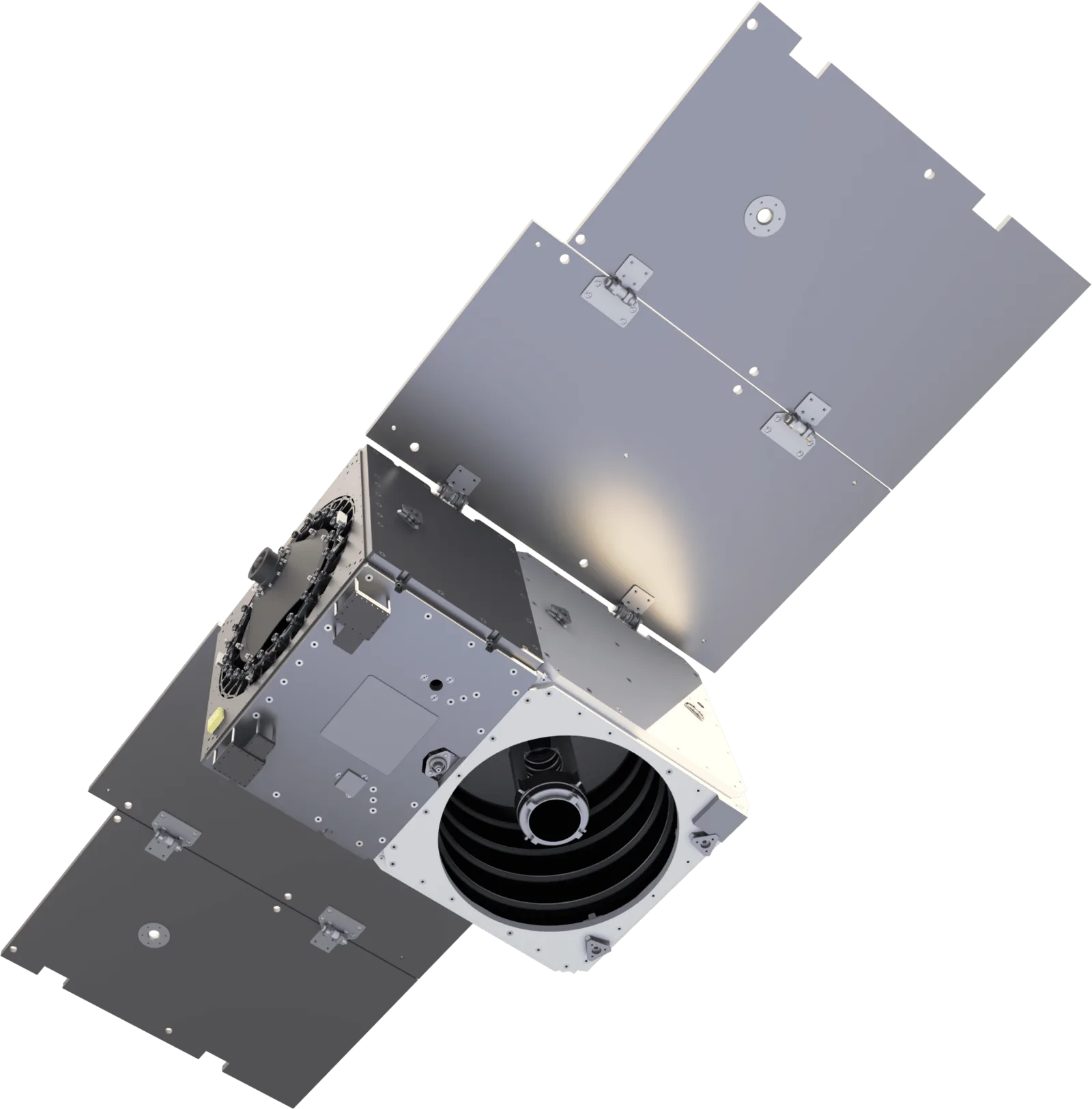 Render of a Planet Pelican imaging satellite with its solar panels deployed