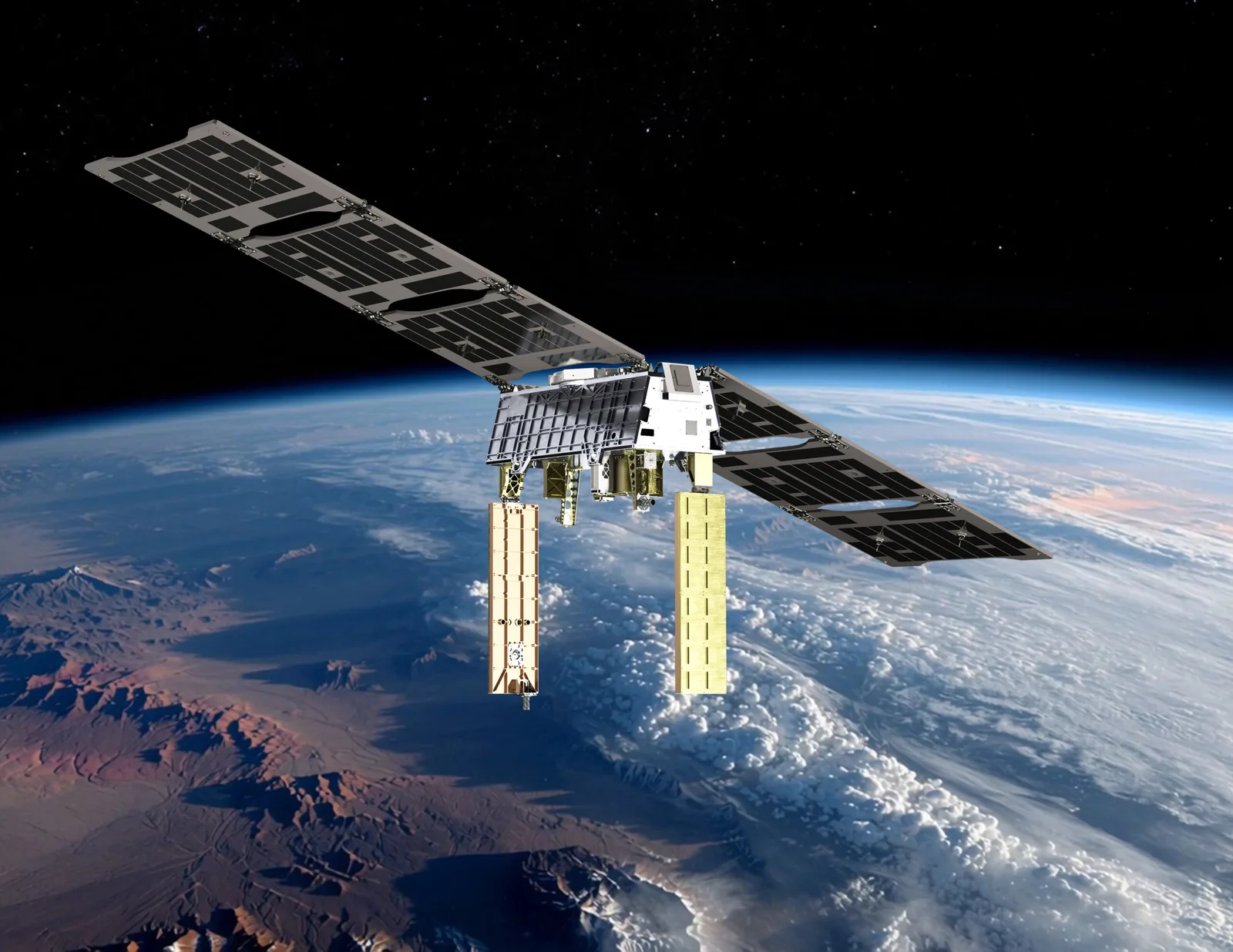 Rendering of a PlanetiQ GNOMES radio occultation satellite with solar arrays deployed above Earth