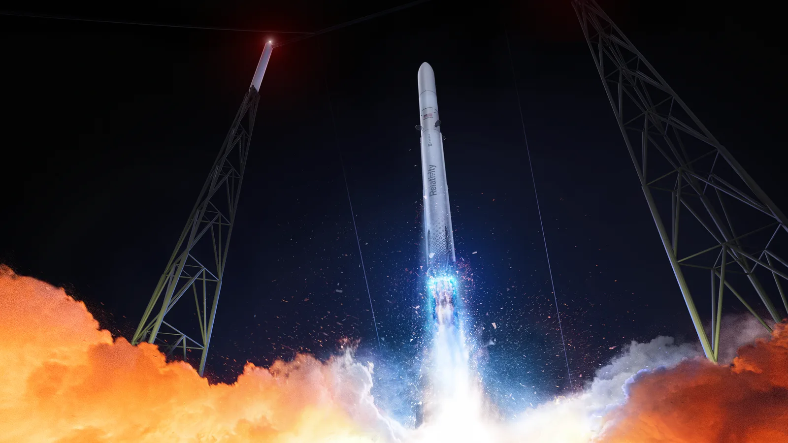 Rendering of a Relativity Space Terran R rocket lifting off at night between launch-pad lightning towers