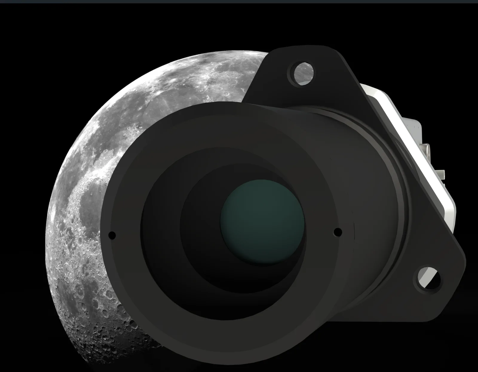 Rendering of the Jervis Autonomy Module navigation camera with its lens facing forward in front of the Moon