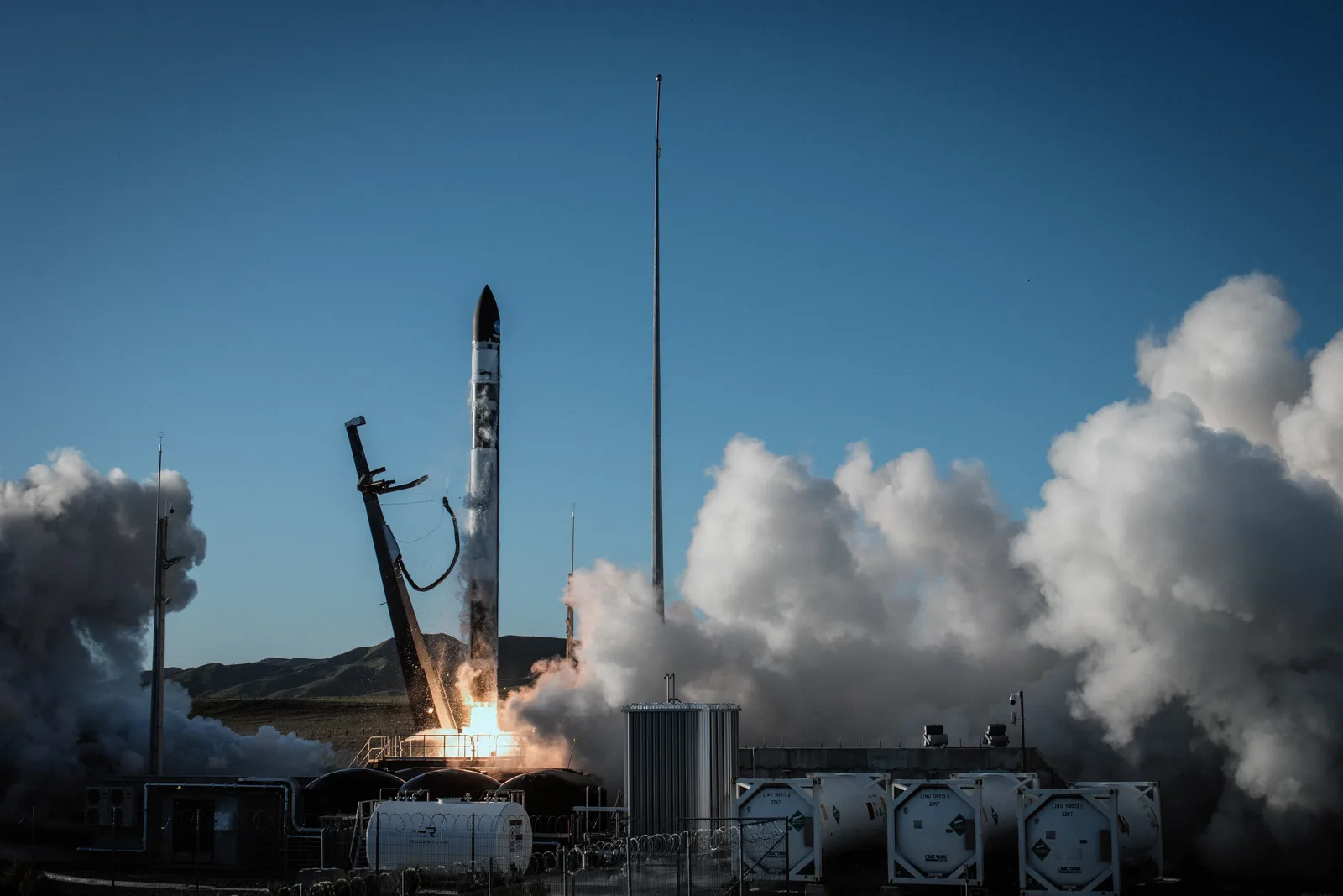 Rocket Lab Electron rocket lifting off from Launch Complex 1 in Mahia, New Zealand