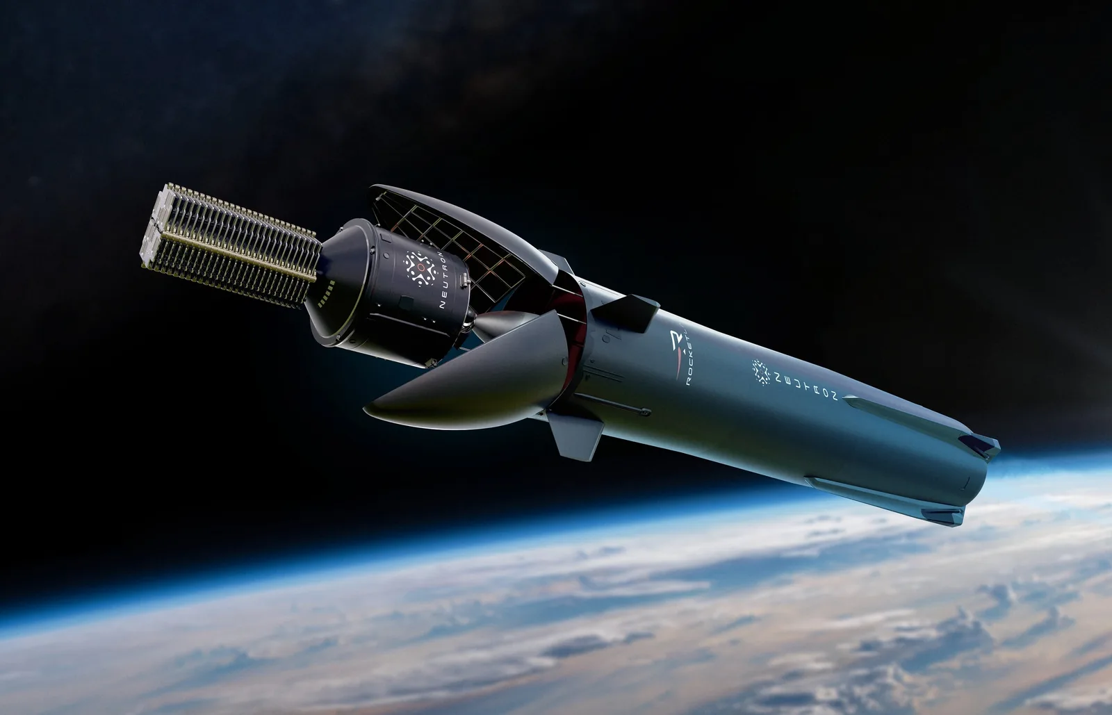 Artwork of the Neutron rocket's upper stage deploying a payload above Earth